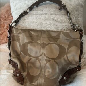 Coach Tan and Brown Signature Shoulder Bag